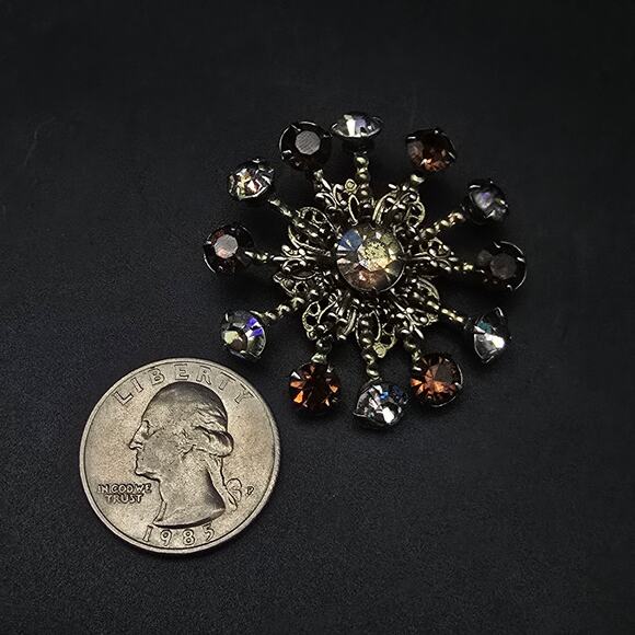 Brown Aurora Borealis Rhinestone Brooch Starburst Pinwheel Vintage - Picture 5 of 5